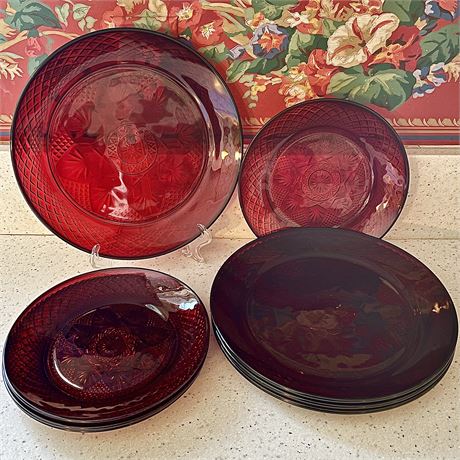 (8) Vintage Cristal D'arques Durand - Antique Ruby Red Glass Plates and Bowls