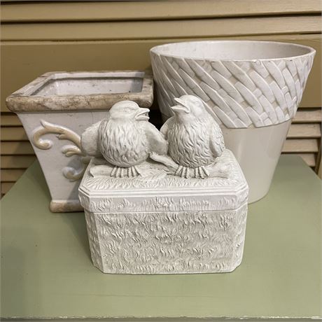 Distressed French Country Style Planters and Lidded Bird Motif Trinket Box