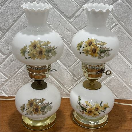 Pair of Vintage Yellow Daisy Milk Glass Hurricane Lamps (3-way)