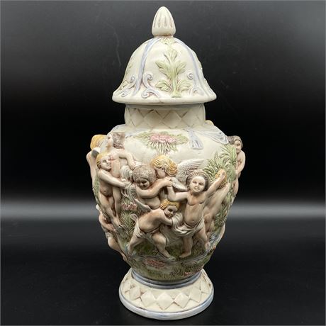 Vintage French Style Hand Painted Lidded Cherub Jardiniere