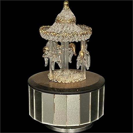 Vtg Glass Carousel Music Box on Mirrored Base
