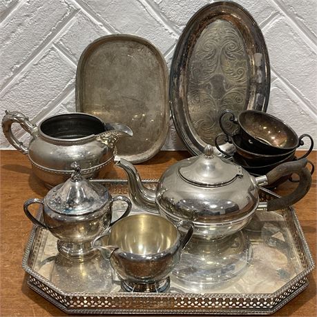 Silver Plated Serving Trays w/ Tea Pot Cups, Creamer and Sugar Dishes