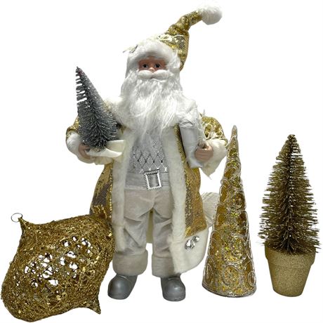 Gold Christmas Decor w/ Santa Claus Statue, Large Ornament & (2) Table-Top Trees