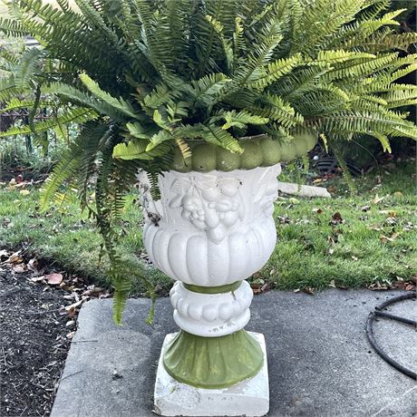 Vtg Italian Concrete Hand-Painted Urn Planter w/ Boston Fern