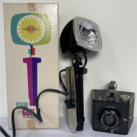 Vtg Kodak Brownie Six-16 Special Box Camera & Sylvania Sun Gun II Movie Light