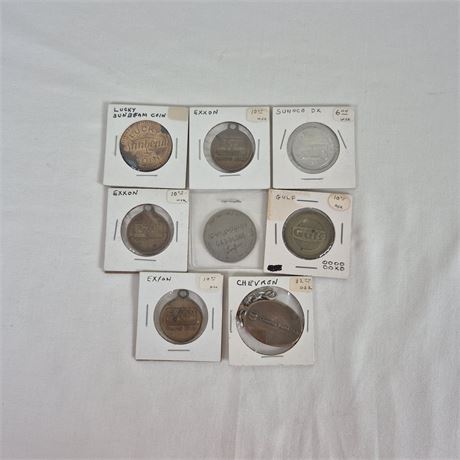 Vtg Gas Station Token & Charm Lot – Exxon, Sunoco, Gulf, Chevron + Sunbeam Coin