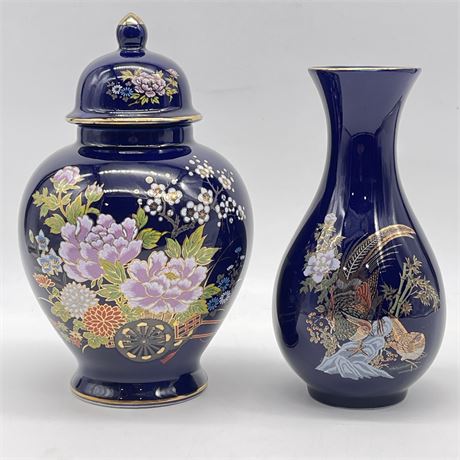 Kutani Cobalt Blue & Floral Ginger Jar & Peacock Vase