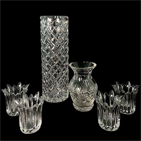 Czech Crystal Cylinder Vase, Rogaska Vase and Mikasa Votive Candle Holders