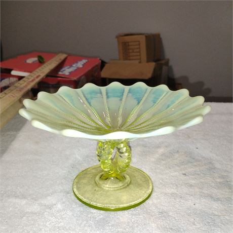 Antique Northwood Canary Vaseline Opalescent Beaded Compote Glass Bowl (Glows)