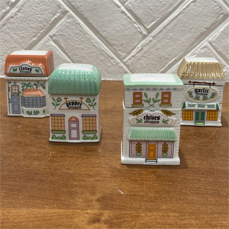 Set of 4 EPI International Spice Market Collection Porcelain Lidded Spice Jars