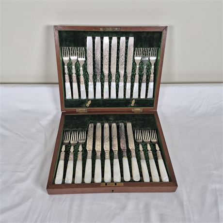Antq Victorian Mother‑of‑Pearl Dessert Cutlery Set for 12 - Harrison Fisher