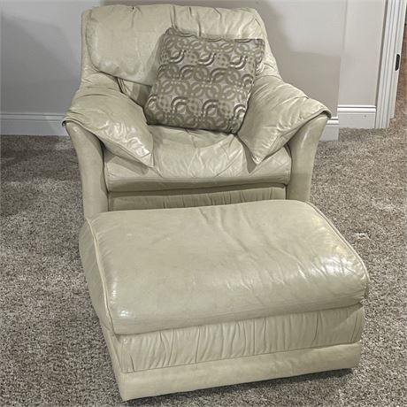 Cream Colored Leather Chair and Ottoman