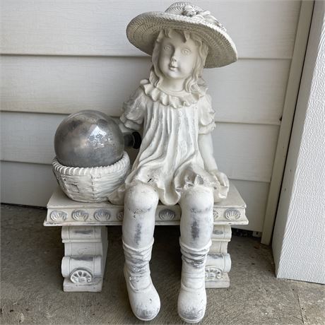 Girl on Bench with Gazing Ball - Resin Garden Statue