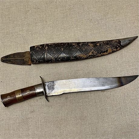 Old Fixed Blade Bowie Knife w/ Leather Sheath