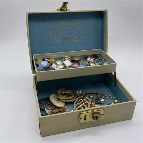 Vintage Jewelry Box Filled with Costume Jewelry - Mainly Clip-on Earrings