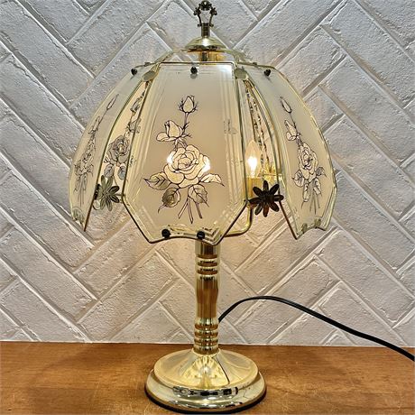 Vtg Glass Paneled Brass 3-Way Touch Lamp