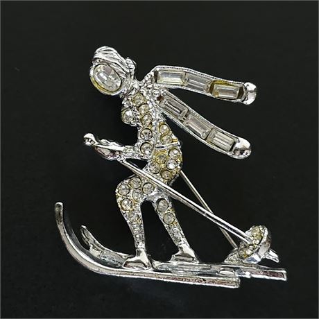 Rhinestone Woman Winter Olympic Skier Silvertone Brooch Pin