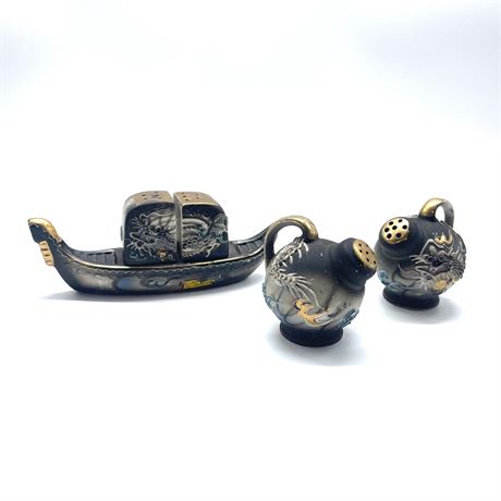 Oriental Dragon Raised Design Salt and Pepper Gondola Set with Matching Shakers