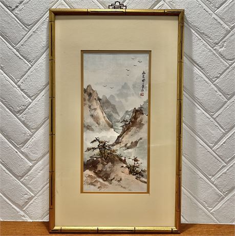 Oriental Framed Landscape Painting of Mountains by I-Chao Chu