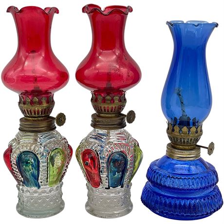 Vtg Miniature Colored Glass Oil Lamps