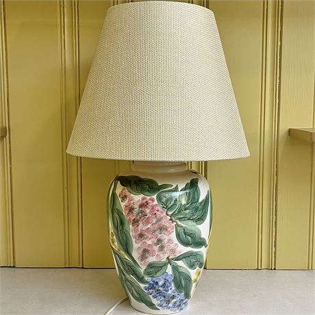 Hand-Painted Ceramic Floral Base Table Lamp w/ Woven Lamp Shade