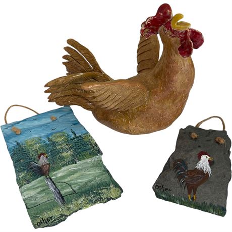 Signed Osher Painted Slate Art Hangings & Signed Pottery Chicken Figurine