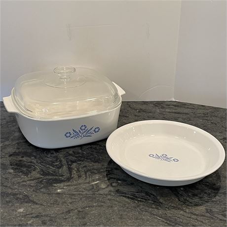 Vtg Blue Cornflower 4qt Covered Casserole Dish and 9in Pie Plate