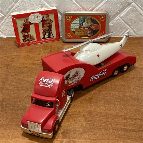 Vtg Coca-Cola Semi-Truck w/ Helicopter & Santa Motif w/ Playing Card and Tin