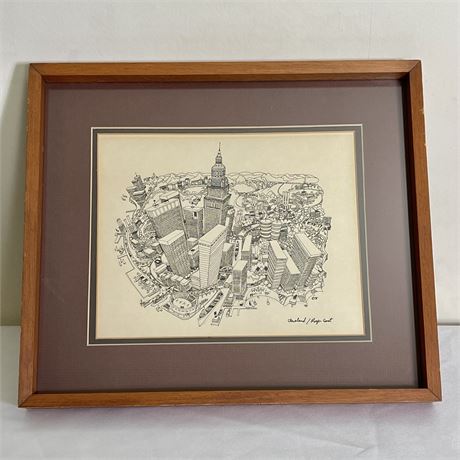 Signed Roger Coast Cleveland Skyline Pen & Ink Drawing Framed Print
