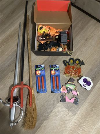 Collection of Halloween decorations and costume accessories