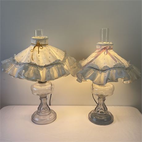 Pair of Electrified Vintage Oil Lamps with Handmade Ruffle Eyelet Shades