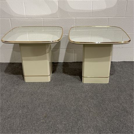 Pair of Vintage Cream Colored Mirror Top Side Tables