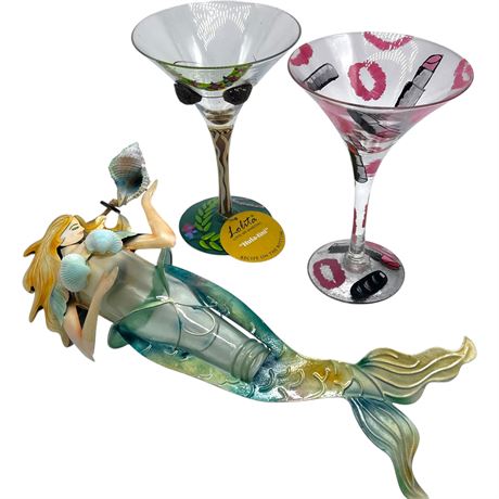 (2) Lolita Hand Painted Martini Glasses with Hand Crafted Bottle Mermaid