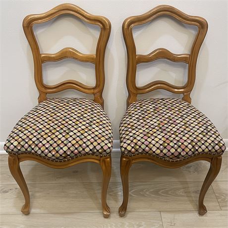Pair of Vintage Solid Wood Upholstered Chairs w/ Seat Protective Covers