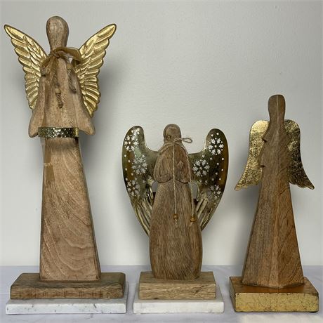 Wooden Angel Sculptures (2 on Marble Bases) Made in India