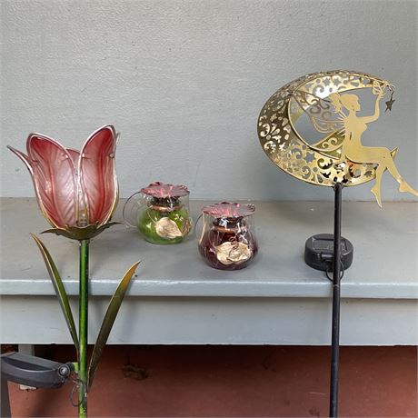 Solar LED Glass/Metal Tulip & Fairy Stakes w/ Window Watch Hummingbird Feeders
