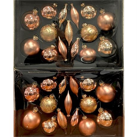 Two Full Boxes of Rose Gold Glass Ornaments