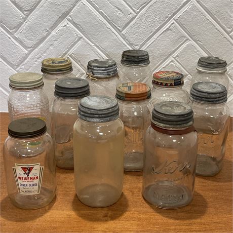 Lot of 12 Antique and Vintage Misc. Lidded Glass Jars