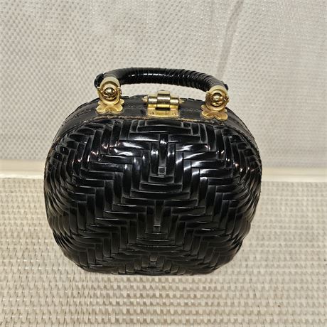 1970's Vintage Black Wicker Handbag w/Gold-Tone Hardware