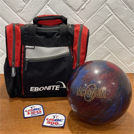 10lb (pre-drilled) Ebonite Magnum Bowling Ball with Bag and Patches