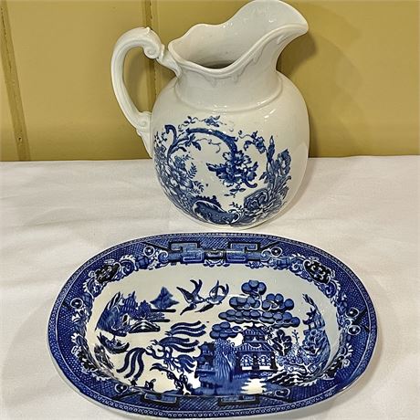 Oriental Blue & White Ceramic Pitcher & Dish