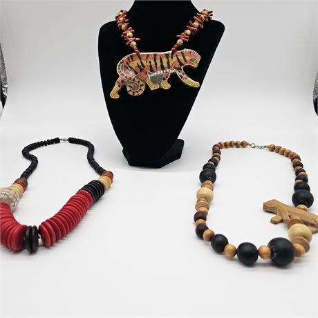 (3) Wooden Beaded Necklaces
