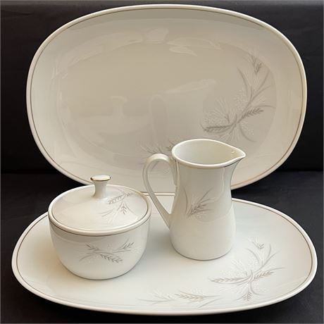 Noritake Windrift China Oval Serving Platters w/ Lidded Sugar and Creamer Dishes