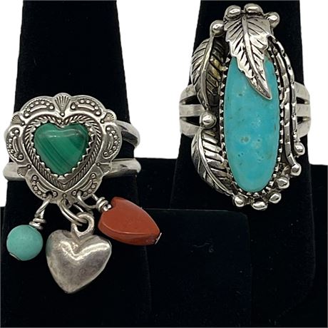 925 Sterling Silver Navajo Malachite & Turquoise Rings