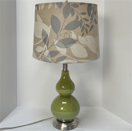 Olive Green Glass Guard Table Lamp w/ Leaf Print Fabric Drum Lampshade