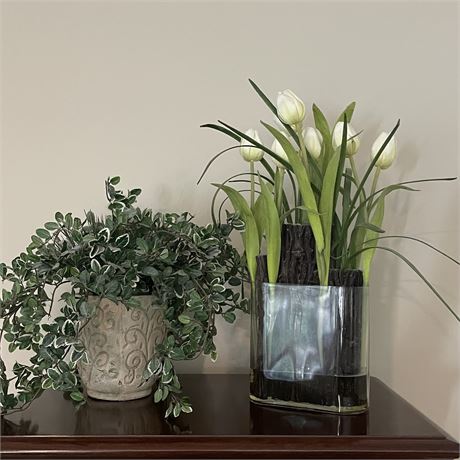Decorative Faux Greenery and Tulip Floral Arrangement