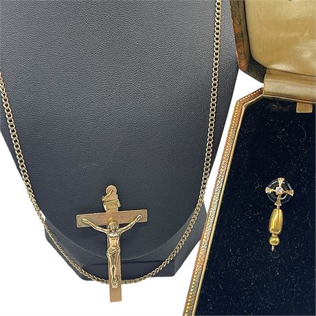1/20 12K Gold Filled Chain & Crucifix Pendant w/ Gold Toned Diamond Hat Pin