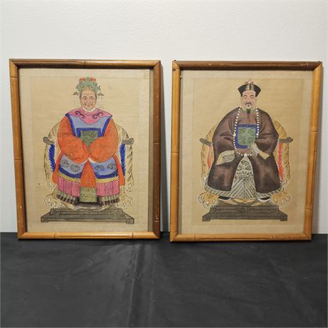 (2) Antique Handpainted Framed Chinese Ancestor Portraits