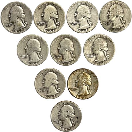 1940-1942 Washington Quarter Dollar 90% Silver Coins