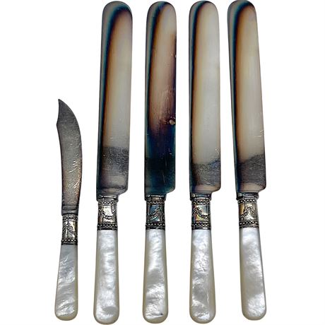 (5) Antique 925 Sterling Silver Mother of Pearl Meriden Cutlery Knives